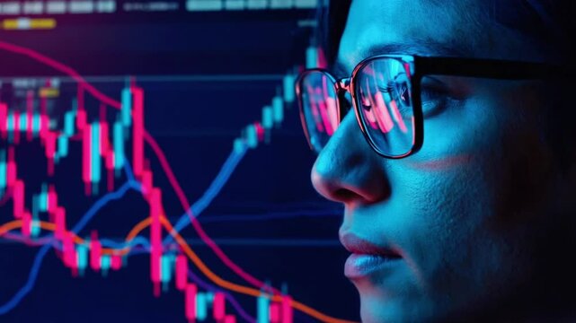 Close-up computer screen candlestick charts moving averages, reflected vividly pair rimless glasses neon blue magenta ambient glow, shallow depth field, cinematic lens flare, 4K