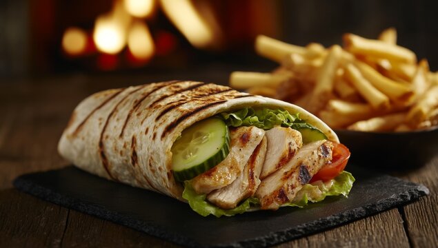 Grilled chicken wrap with fries