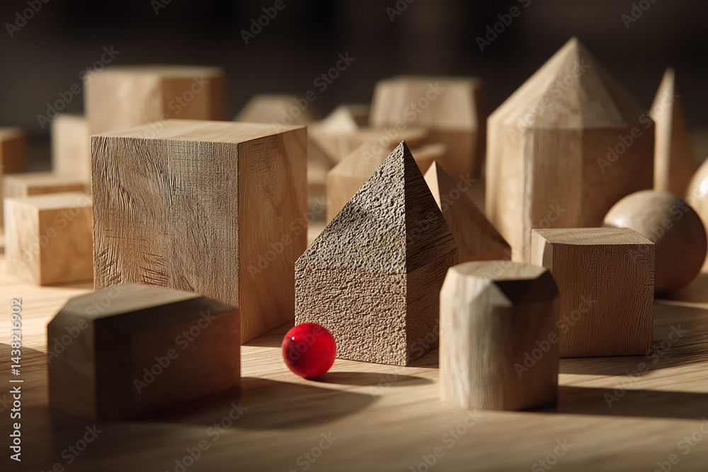 Poster wooden geometric shapes and red sphere on wood surface, showcasing simple elegance and minimalist de