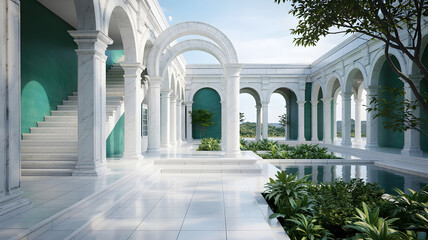 Obraz premium The ancient stone architecture of the colonnade with its arches stands gracefully in the park of St Petersburg