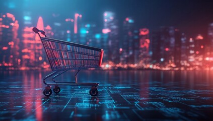 Digital shopping cart in futuristic cityscape