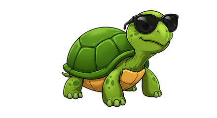 Obraz premium A cartoon turtle with a green shell is wearing black sunglasses. The turtle has a smiling expression and is on a black background.