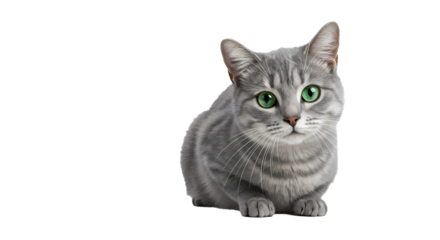 A beautiful grey tabby cat with mesmerizing green eyes, looking directly at the viewer, isolated on a black background, portrait
