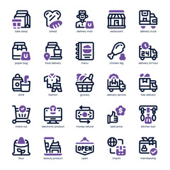 Grocery Delivery Icon pack for your website, mobile, presentation, and logo design. Grocery Delivery Icon dual tone design. Vector graphics illustration and editable stroke.