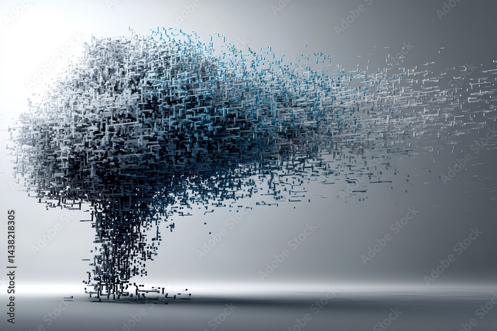 Poster Thinking AI Represented as a Dynamic Cloud of Code Particles Emerging From a Digital Landscape