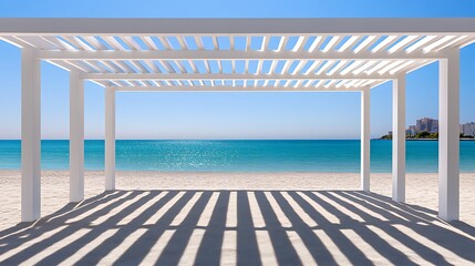 White Pergola Framing Turquoise Sea View at Sandy Beach on Clear Sky Sunny Day
