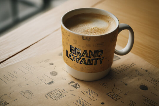 Beige mug of coffee with "Brand Loyalty" text sits on wooden table next to sketches, showcasing brand loyalty concept in business