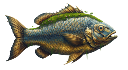 An artistic rendering of a fish with scales in shimmering hues of blue and gold, its back adorned with vibrant green grass.