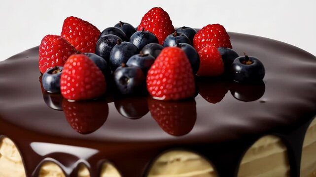 Delicious chocolate cake topped with raspberries and blueberries  