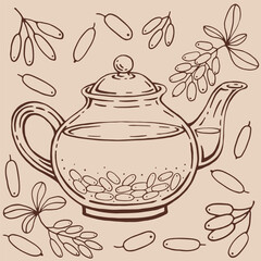 Glass teapot, barberry. Hand drawn vector illustration in outline style.