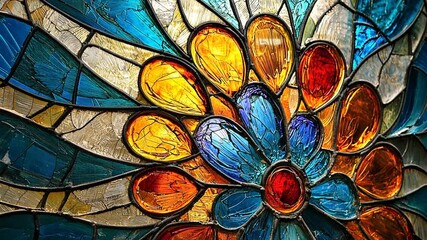 Vibrant stained glass artwork featuring a colorful floral design with intricate details - Powered by Adobe