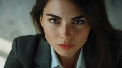 A professional young woman looking into the camera with a serious expression.