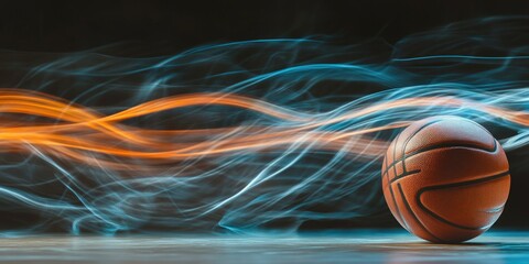 A dynamic and artistic image featuring a basketball in motion with smoke-like streaks around it, conveying high speed and intensity.