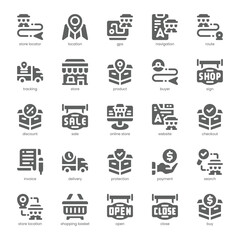 Shop and Location Icon pack for your website, mobile, presentation, and logo design. Shop and Location Icon solid design. Vector graphics illustration and editable stroke.