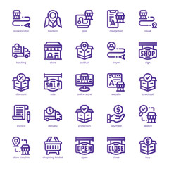 Shop and Location Icon pack for your website, mobile, presentation, and logo design. Shop and Location Icon line basic color design. Vector graphics illustration and editable stroke.