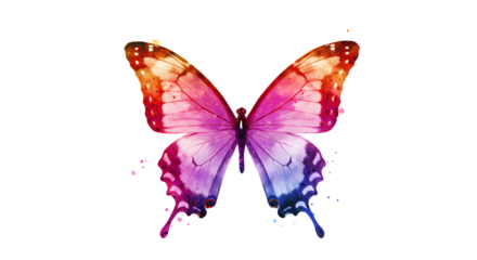 A vibrant butterfly with a striking gradient of colors, spanning from warm oranges and pinks to cool blues and purples in watercolor style.