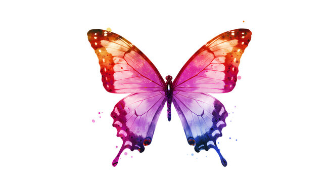 Fototapeta A vibrant butterfly with a striking gradient of colors, spanning from warm oranges and pinks to cool blues and purples in watercolor style.