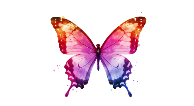 A vibrant butterfly with a striking gradient of colors, spanning from warm oranges and pinks to cool blues and purples in watercolor style.