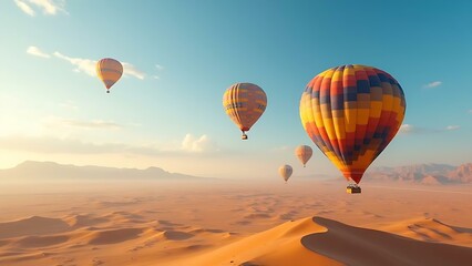 Fototapeta premium Colorful Hot Air Balloons Floating Gracefully Above Wide Open Desert Plains