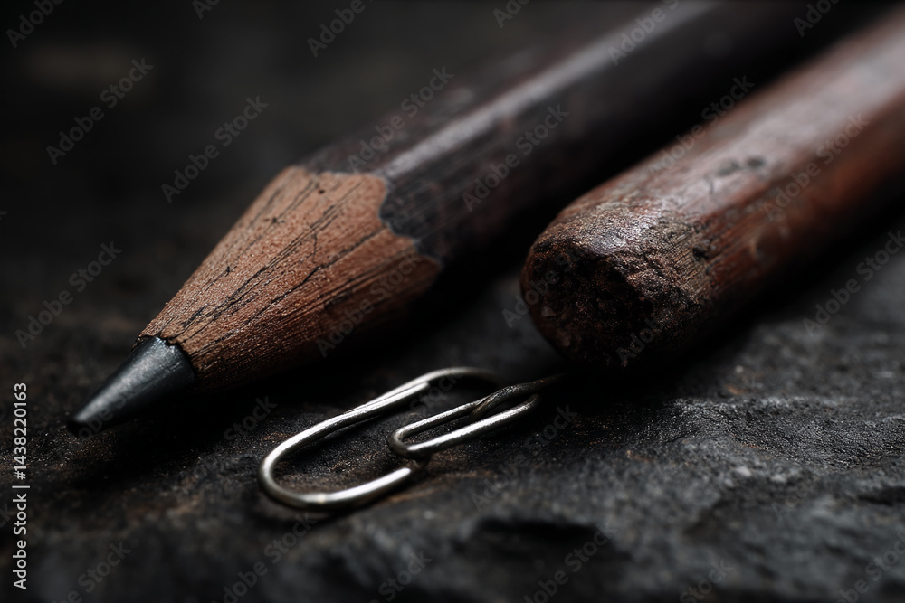 Aufkleber close-up of two worn pencils and paperclip on dark surface, showcasing texture and age, suggesting c