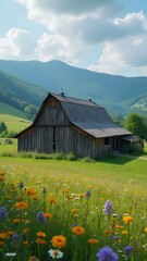 Fototapeta premium Old Wooden Barn Surrounded By Wildflowers And Rolling Green Hills