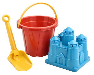 Colorful beach toy set with red bucket blue mold and yellow shovel