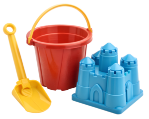 Colorful beach toy set with red bucket blue mold and yellow shovel