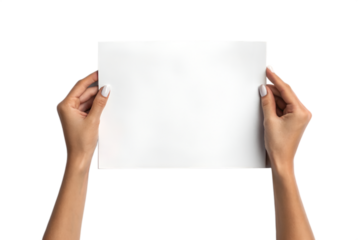 Hands holding blank white paper in landscape orientation