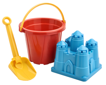Colorful beach toy set with red bucket blue mold and yellow shovel - Powered by Adobe