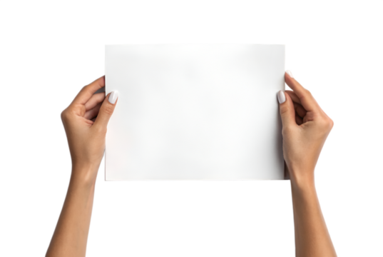 Hands holding blank white paper in landscape orientation
