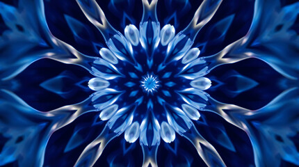 Obraz premium a mesmerizing kaleidoscope of Bluebells flower petals arranged in fractal symmetry, glowing softly against a deep indigo void, subtle prism refractions, created b y generative ai