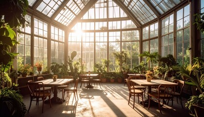 Naklejka premium Ancient Greenhouse Dream Café in Overgrown Garden