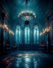 優雅でホラーな雰囲気のシャンデリアのある部屋