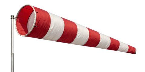 Red and white striped windsock fully extended on white background