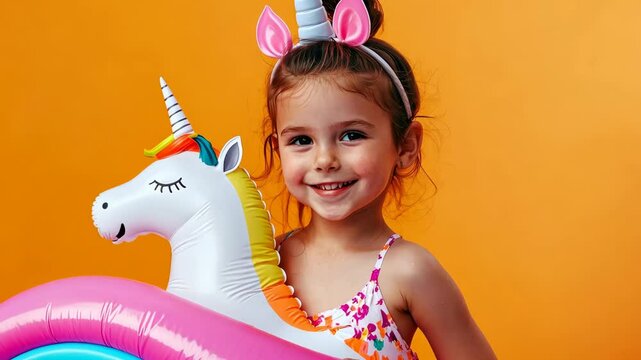 Joyful girl with unicorn float against bright orange background