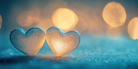 Fototapeta premium A romantic and intimate scene set at night featuring a pair of hearts illuminated by warm, cozy lighting, with snowflakes adding a touch of magic. The hearts are placed on a surface that resembles