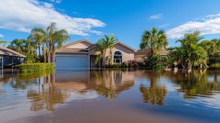 Suburban houses surrounded by floodwaters after tropical storm and hurricane in Florida, severe flooding disaster impacts residential community, aftermath of extreme weather event.