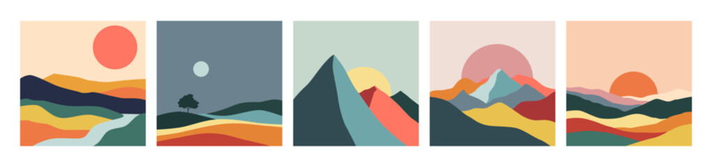 Set of mountain landscapes for design. Set of abstract mountain vector landscape illustrations. Postcards with mountain landscapes.