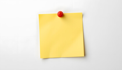 Yellow sticky post it note with red pushpin isolated on white background