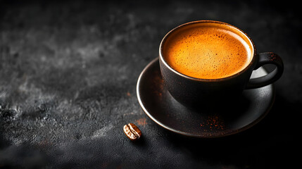 Dark Espresso in a Black Speckled Cup on a Rustic Background