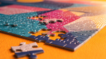 Close-up of colorful jigsaw puzzle pieces on orange surface, some missing, symbolizing problem-solving, teamwork, or completion