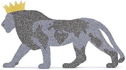 Fototapeta premium Lion silhouette formed of dots wearing golden crown, pale blue and dark gray