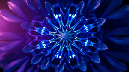 Obraz premium a mesmerizing kaleidoscope of Bluebells flower petals arranged in fractal symmetry, glowing softly against a deep indigo void, subtle prism refractions, created b y generative ai
