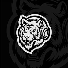 Tiger with headset, mascot esport illustration, black white