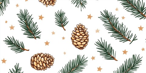 Fototapeta premium Festive Seamless Pattern with Pine Cones, Fir Branches, and Golden Stars