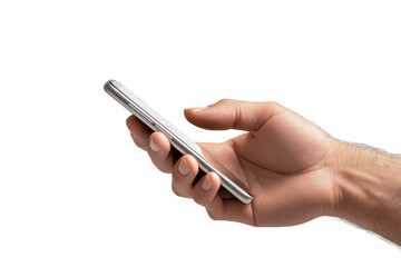 Human hand securely holding a sleek mobile phone on a transparent backdrop