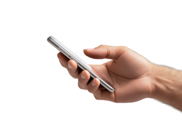 Human hand securely holding a sleek mobile phone on a transparent backdrop
