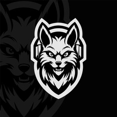 Wolf with headset, mascot esport illustration, black white