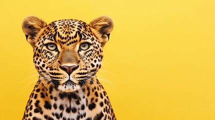Naklejka premium Close up portrait of a leopard with yellow background looking directly at the camera in studio shot