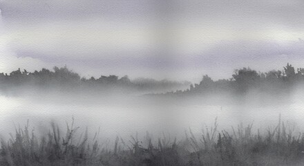 Fototapeta premium Watercolor painting depicts a serene and misty landscape scene, evoking a sense of calm and
